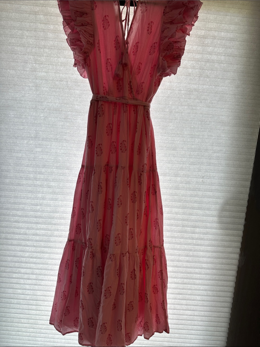 Pink Printed Maxi Dress with Ruffle Sleeves and Waist Tie - Picture 4 of 7